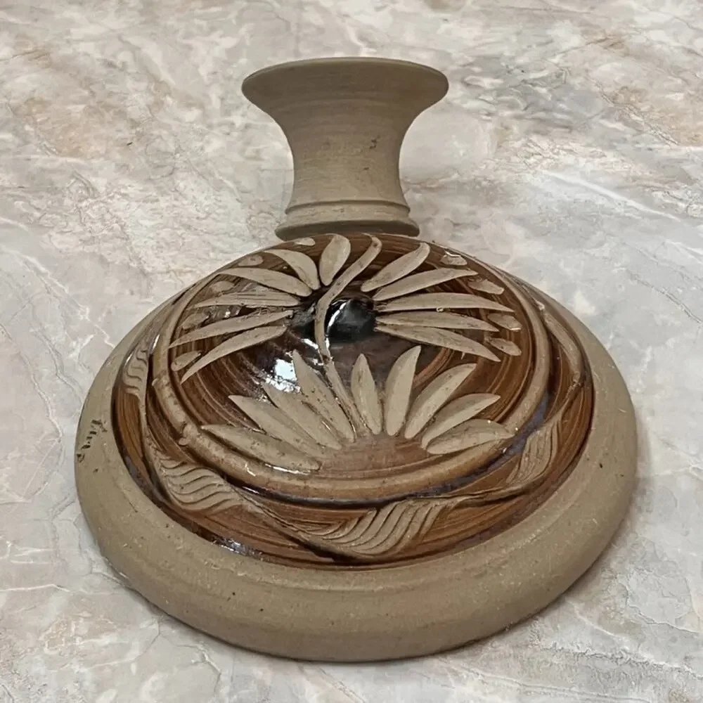 Sandstone Pottery Flat Water Vase Vessel Brown Signed